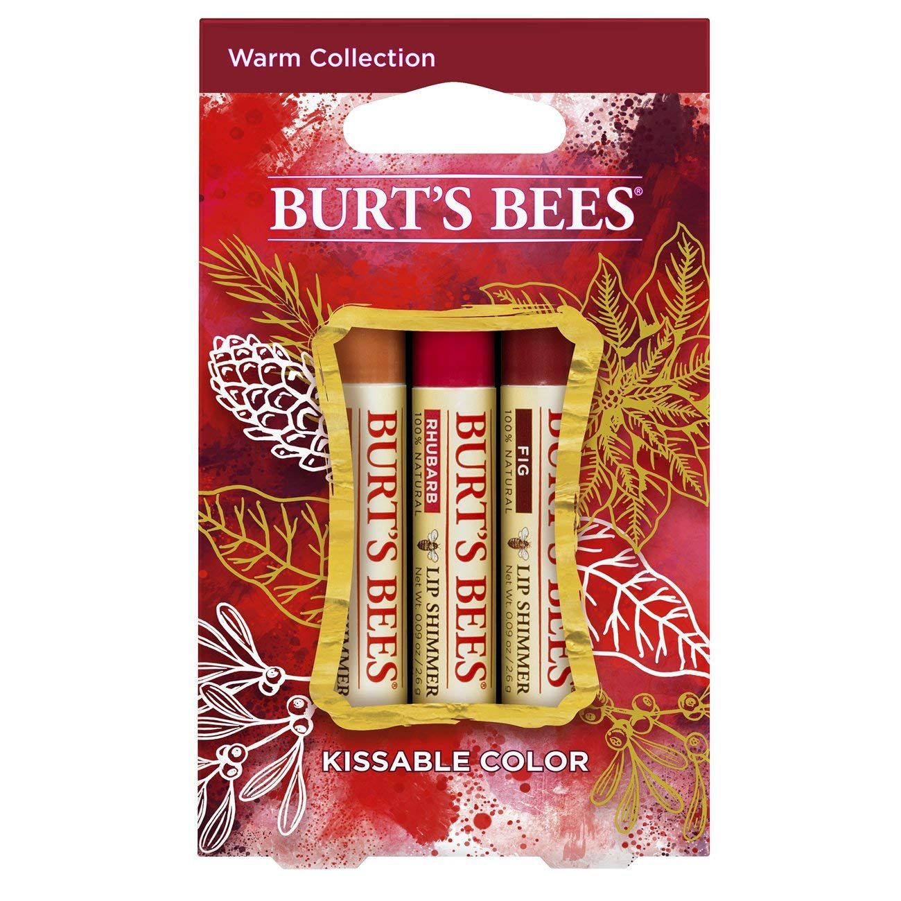 Burt&#39;s Bees Kissable Color Holiday Gift Set, 3 Lip Shimmers in Gift Box, Warm Collection in Peony, Fig and Rhubarb