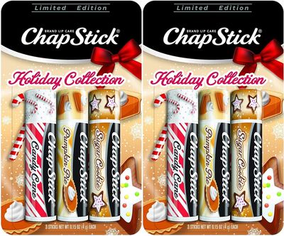 ChapStick Holiday Limited Edition Seasonal Flavored Lip Balm Tube, Candy Cane, Pumpkin Pie &amp; Sugar Cookie Flavors, 0.15 Ounce Each, 6 Sticks Total