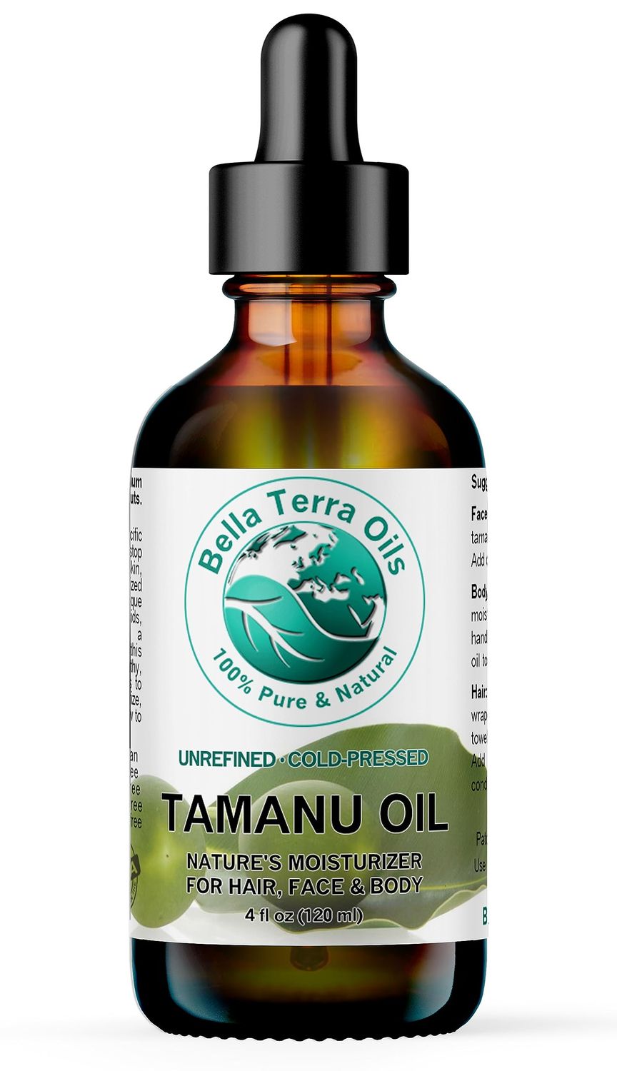 Bella Terra Oils - Organic Tamanu Oil 4 oz - A Treasure from Nature, Abundant in Calophyllic Acid &amp; Delta-Tocotrienol (Vitamin E), Ultimate Skin Elixir