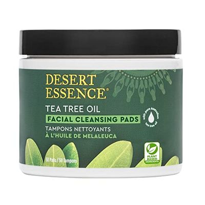 Desert Essence Tea Tree Oil Facial Cleansing Pads - Makeup Remover, Facial Cleanser &amp; Toner with Organic Lavender &amp; Chamomile - Travel-Friendly Personal Wipes for Clarifying Skin Care - 50 Pads