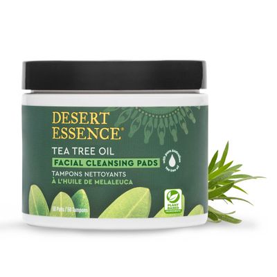 Desert Essence Tea Tree Oil Facial Cleansing Pads - Makeup Remover, Facial Cleanser &amp; Toner with Organic Lavender &amp; Chamomile - Travel-Friendly Personal Wipes for Clarifying Skin Care - 50 Pads