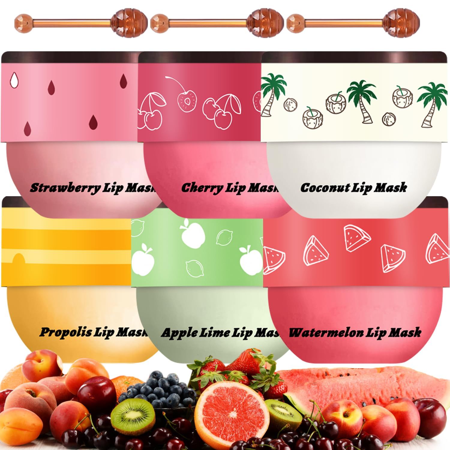 6 PCS Bee Lip Balm Honey Pot, Propolis Lip Mask Overnight, Moisturizing Hydrating Lip Sleeping Mask Prevention Dry and Cracked, Reduce Lip Lines (Strawberry&amp;Watermelon&amp;Honey&amp;Cherry&amp;Coconut&amp;Apple Lime)