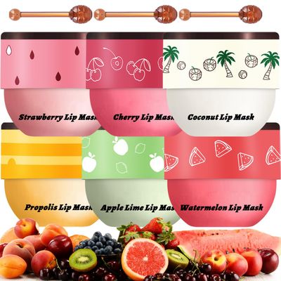 6 PCS Bee Lip Balm Honey Pot, Propolis Lip Mask Overnight, Moisturizing Hydrating Lip Sleeping Mask Prevention Dry and Cracked, Reduce Lip Lines (Strawberry&amp;Watermelon&amp;Honey&amp;Cherry&amp;Coconut&amp;Apple Lime)