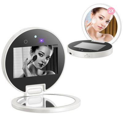 DESCHEN Rechargeable Travel Compact Smart UV Camera UV Mirror for Sunscreen Test, 2X Makeup Mirror with Lights and Magnification, 3.7 Inch Portable Purse Pocket LED Mirror, Skin Sun Protection