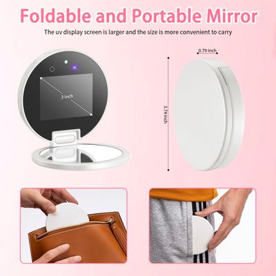 DESCHEN Rechargeable Travel Compact Smart UV Camera UV Mirror for Sunscreen Test, 2X Makeup Mirror with Lights and Magnification, 3.7 Inch Portable Purse Pocket LED Mirror, Skin Sun Protection
