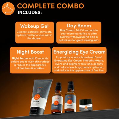 Dogface Men's Complete Combo- Wakeup Gel Daily Face Wash to Exfoliate, Hydrate &amp; Tone Skin, Day Boom Moisturizer, Night Boost Night Cream Retinol Serum, Eye Cream