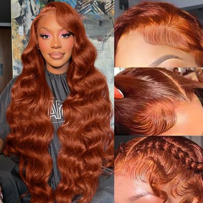 34 Inch Reddish Brown Lace Front Wigs Human Hair Body Wave 13x6 Hd Transparent Lace Front Wigs Human Hair Pre Plucked with Baby Hair 200% Density Human Hair Lace Front Wigs