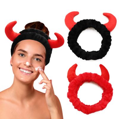 Aiphamy Women Facial Spa Headband, Devil Horn Coral Fleece Cosmetic Makeup Headband Skincare Headband for Washing Face Makeup (2 Pack)