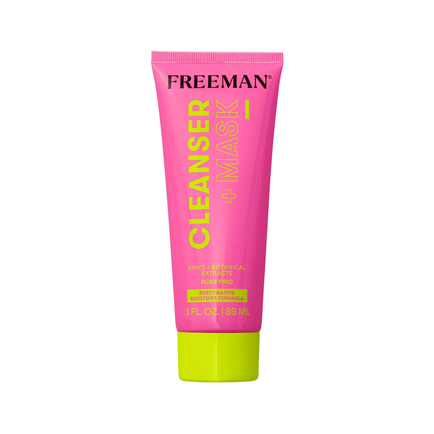 Freeman Cleanser + Mask, Moisturizing &amp; Purifying Cream-To-Foam Face Wash, Multipurpose Skincare, Face Cleanser &amp; Face Mask, AHA&#39;s &amp; Botanical Extracts Facial Mask, 3 fl.oz./ 89 mL Tube, 1 Count