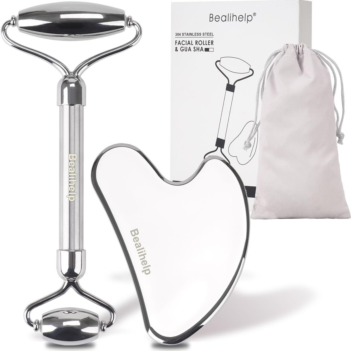 Bealihelp Face Roller &amp; Gua Sha, Stainless Steel Facial Roller and Guasha Tool for Face, Skin Care Roller for Wrinkles and Lifting, Improve Puffiness, Metal Face Massager for Eyes, Neck Tighten