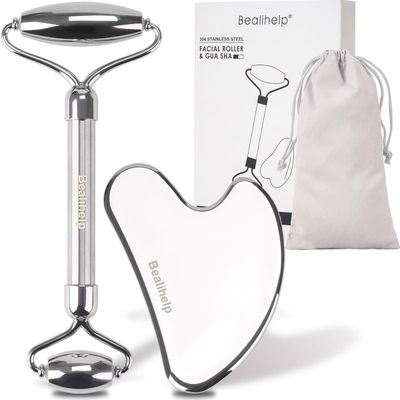 Bealihelp Face Roller &amp; Gua Sha, Stainless Steel Facial Roller and Guasha Tool for Face, Skin Care Roller for Wrinkles and Lifting, Improve Puffiness, Metal Face Massager for Eyes, Neck Tighten