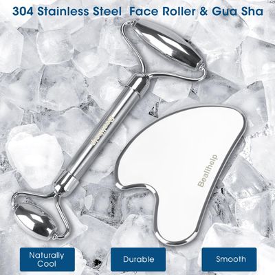 Bealihelp Face Roller &amp; Gua Sha, Stainless Steel Facial Roller and Guasha Tool for Face, Skin Care Roller for Wrinkles and Lifting, Improve Puffiness, Metal Face Massager for Eyes, Neck Tighten