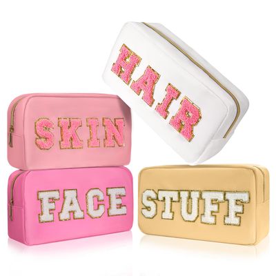 CasaCulina 4Pcs Preppy Makeup Bags Set, Cute Varsity Makeup Pouchs, Travel Cosmetic Bags Sewn with Skin/Hair/Face/Stuff Chenille Letter, Portable Nylon Zipper Toiletry Pouch Gifts for Girls Women