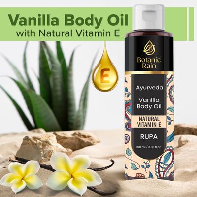 Botanic Rain Ayurveda Vanilla Body Oil, Moisturizing & Hydrating Organic Vitamin E Oil, Body Oil For Women After Shower, Ayurveda Products For Crepey Skin - 3.38 Fl Oz (1)