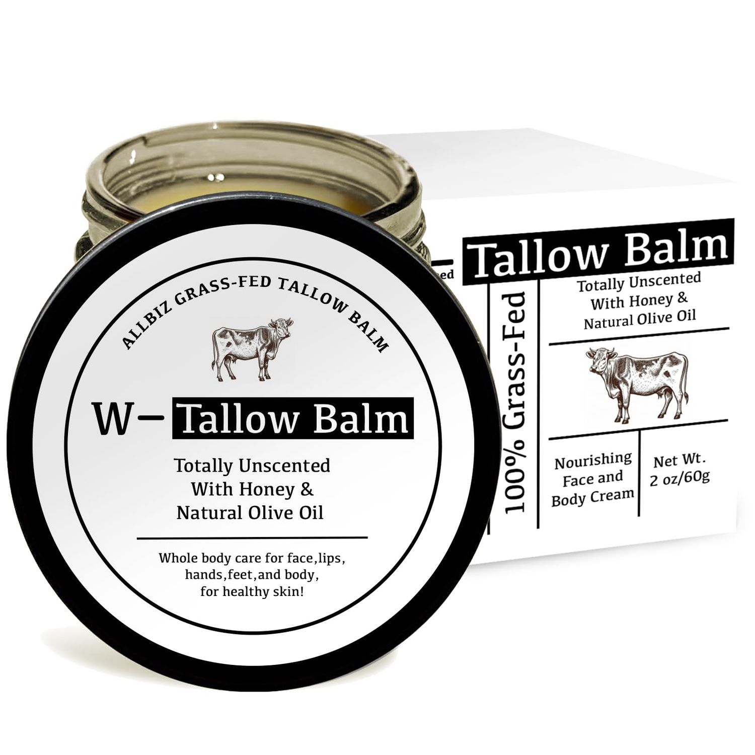 ALLBIZ Beef Tallow Honey Face Moisturizer for Skin, All Natural Tallow and Honey Balm for Face, 100% Grass-Fed Beef Tallow &amp; Raw Wild Honey Blend Lotion for Face &amp; Body (Unscented)