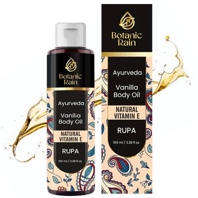 Botanic Rain Ayurveda Vanilla Body Oil, Moisturizing &amp; Hydrating Organic Vitamin E Oil, Body Oil For Women After Shower, Ayurveda Products For Crepey Skin - 3.38 Fl Oz (1)