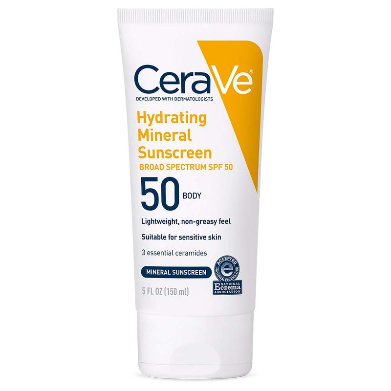 CeraVe 100% Mineral Sunscreen SPF 50 with Zinc Oxide &amp; Titanium Dioxide, Hyaluronic Acid &amp; Ceramides, Oil Free &amp; Non-Greasy, Hydrating Mineral Sunscreen For Body, 5 oz