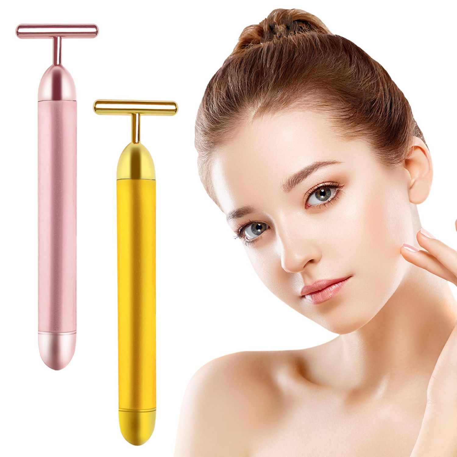 2 Pack T Shape Face Massager Beauty Bar Golden &amp; Pink Facial Massager, Portable Electric Vibration Face Neck Body Massager for Firming Lifting Anti Aging Skin Tightening Wrinkle Reducing