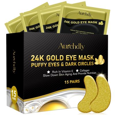 Aurchdly Under Eye Patches(24K Gold 15 Pairs), Gel Eye Mask for Reduce Dark Circles, Puffy Eyes,Undereye Bags, Wrinkles,-with Hyaluronic Acid &amp; Collagen,Eye Treatment Skin Care for Men &amp; Women Gift