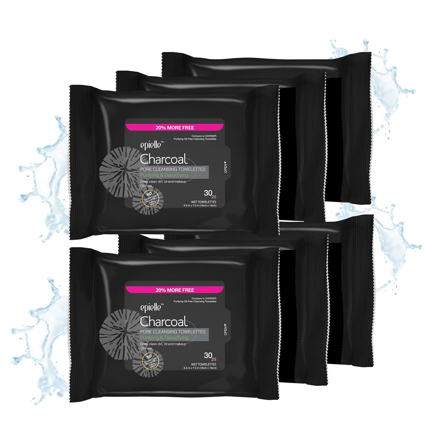 Epielle Charcoal Makeup Remover Wipes | Soft &amp; Gentle for All Skin Types | Removes Dirt, Oil, Waterproof Makeup | 6 Pack | Korean Skincare