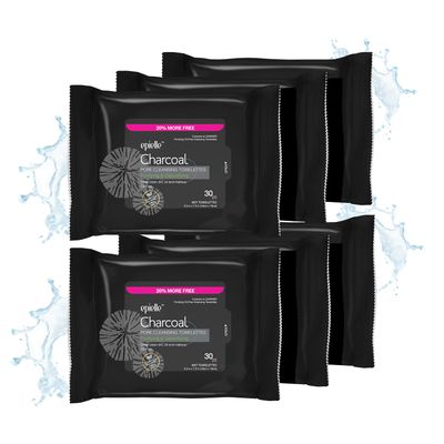 Epielle Charcoal Makeup Remover Wipes | Soft &amp; Gentle for All Skin Types | Removes Dirt, Oil, Waterproof Makeup | 6 Pack | Korean Skincare