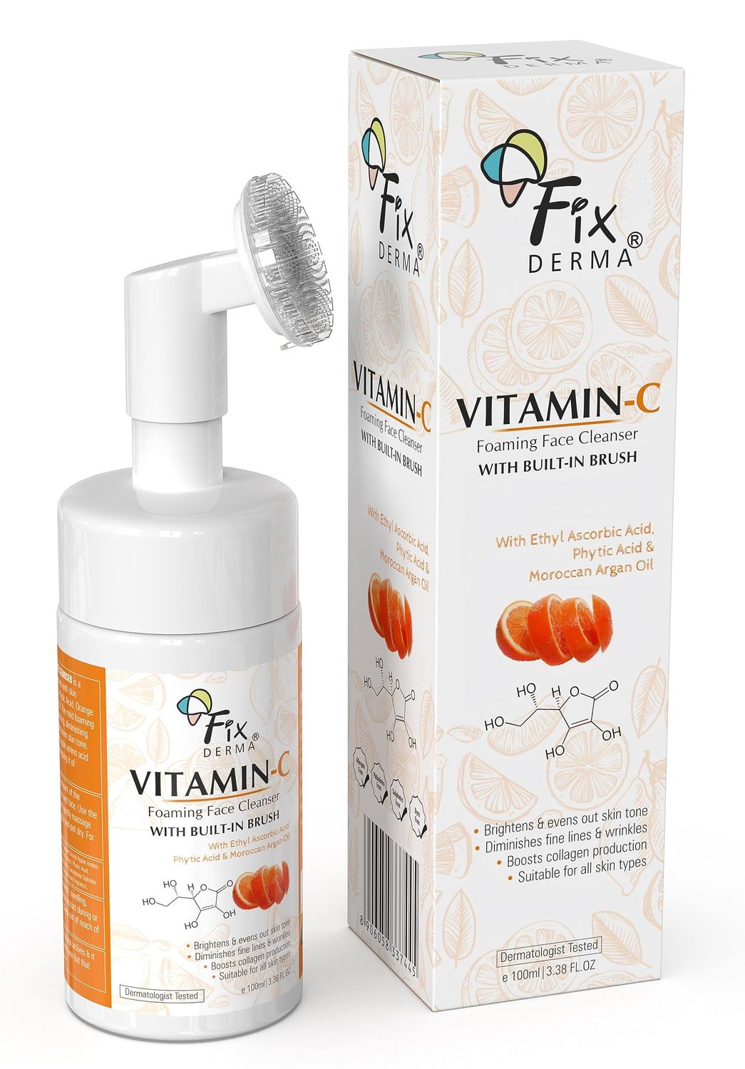 Fixderma 2% Vitamin C Foaming Face Cleanser with Brush, Face wash for Women &amp; Men, Foaming Cleanser for skin tone, Reduces fine lines &amp; wrinkles, Exfoliates the skin - 3.38 FL. OZ