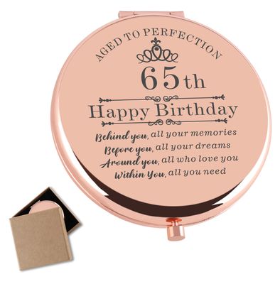Cawnefil 65th Birthday Gifts for Women Rose Gold Compact Makeup Mirror Happy 65 Birthday Gift Ideas for Women 65th Birthday Gift for Aunt Mom Grandma Sister Friends 65 Birthday Present