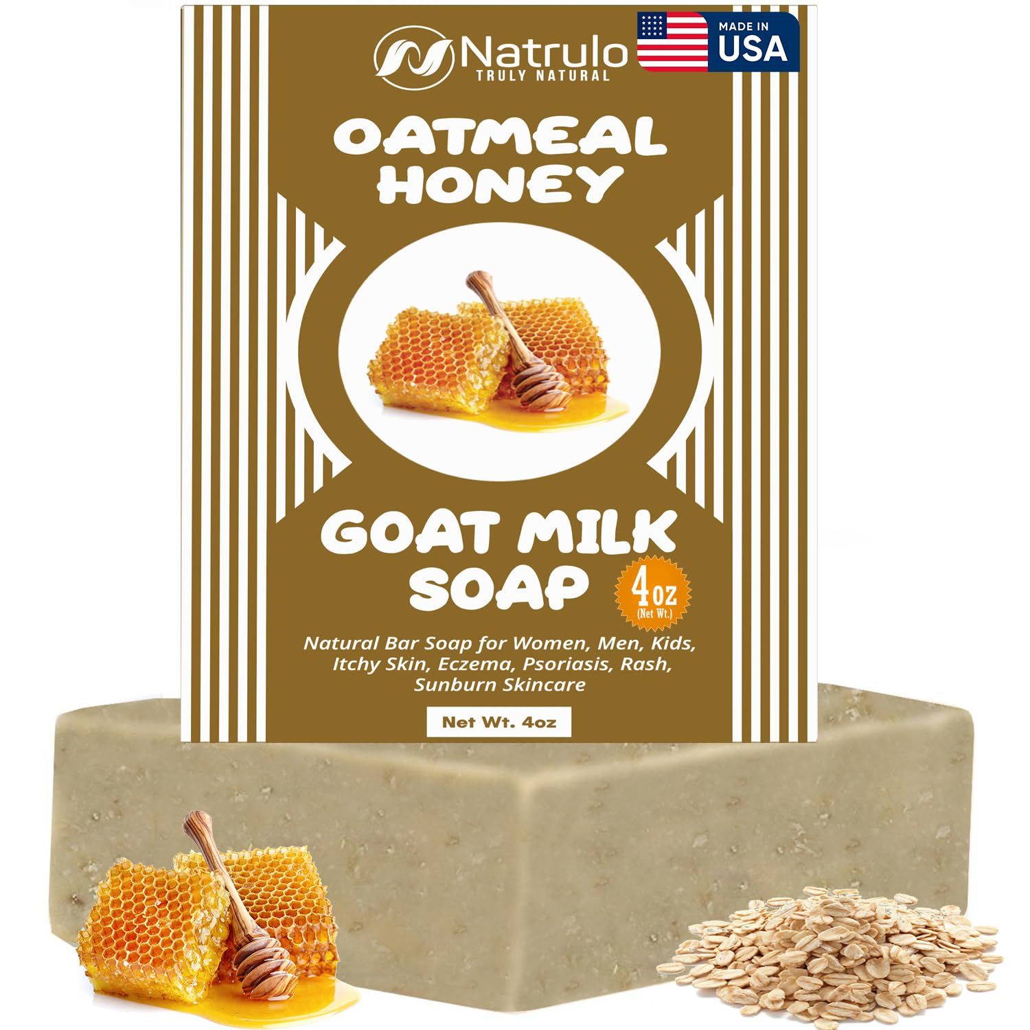 Cactus Honey &amp; Oats Goat&#39;s Milk Soap Bar 4 oz - Natural Bar Soap for Women, Men, Kids, Itchy Skin, Eczema, Psoriasis, Rash, Sunburn Skincare - Calming Colloidal Oatmeal Face Cleanser &amp; Body Wash