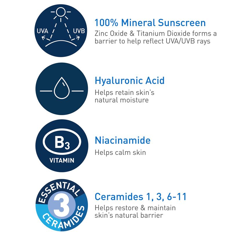 CeraVe 100% Mineral Sunscreen SPF 30, Face sunscreen With Zinc Oxide &amp; Titanium Dioxide, Hyaluronic Acid + Niacinamide + Ceramides, Oil Free, Travel Size 2.5 oz