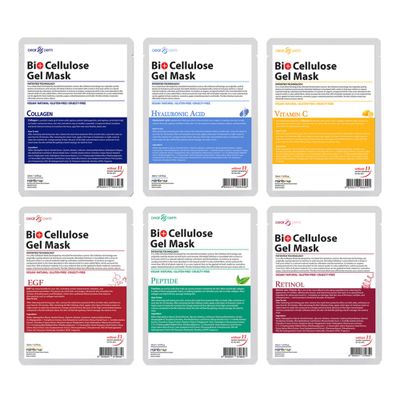 6 Gel Masks Assorted - Bio Cellulose Gel Sheet Mask - Collagen, EGF, Hyaluronic Acid, Peptide, Retinol, Vitamin C (6pcs in total)