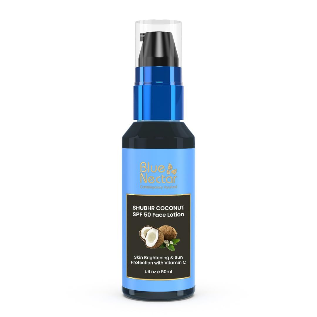 Blue Nectar Coconut Sunscreen SPF 50 Lotion | No White Cast, Plant Based Sunscreen with Vitamin C for Glowing Skin (18 Herbs, 1.6 FlOz)