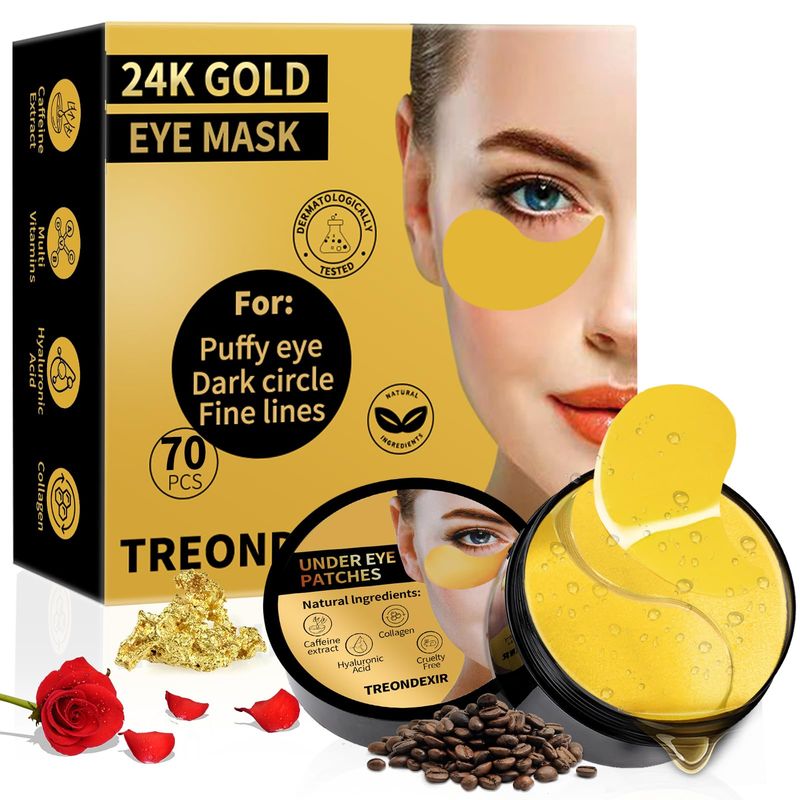 24K Gold Eye Masks for Dark Circles and Puffiness 70PCS, Under Eye Patches Gel Pads for Puffy Eyes Treatment w/Collagen, Caffeine, Peptides for Eye Bags Treatment, Gel Eye Mask Skincare