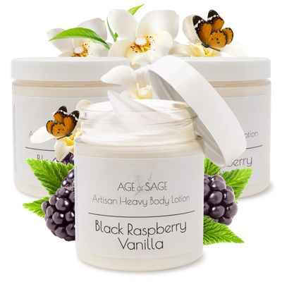 Age of Sage Body Lotion with Shea Butter - Gifts for Her, Body Moisturizers Infused with Coconut &amp; Sunflower Oils, Birthday Gifts for Women Raspberry Vanilla Scent, 8 oz Jars - 3 Pack