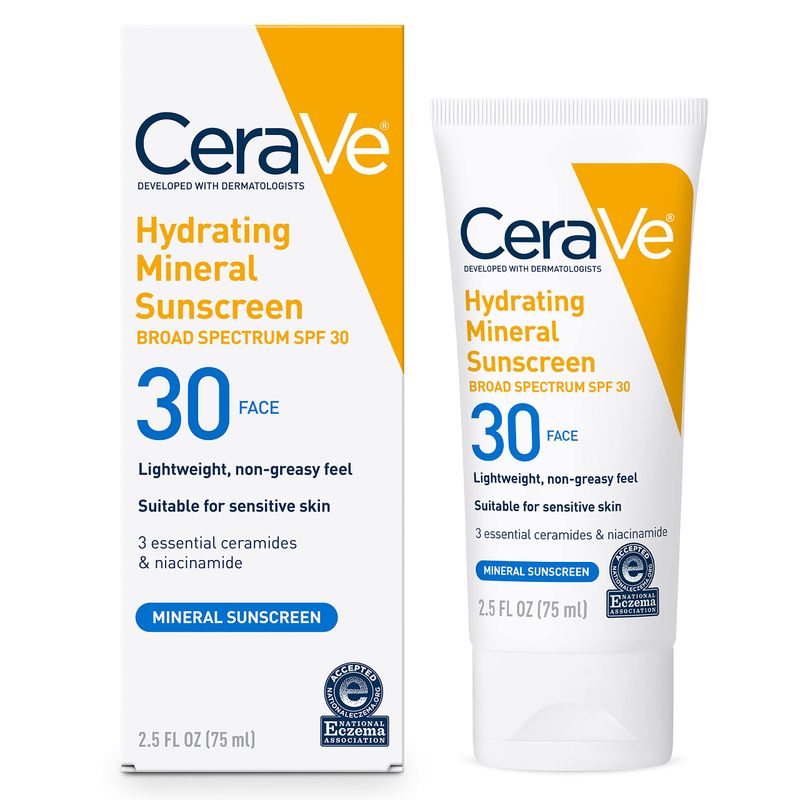 CeraVe 100% Mineral Sunscreen SPF 30, Face sunscreen With Zinc Oxide &amp; Titanium Dioxide, Hyaluronic Acid + Niacinamide + Ceramides, Oil Free, Travel Size 2.5 oz