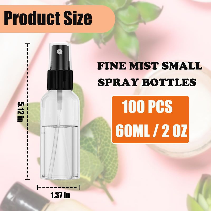 100Pack 2oz Spray Bottles Small, 60ml Travel Spray Bottle Black Fine Mist Sprayer, Empty Refillable Containers Portable Cosmetic Bulk Plastic Spray Bottles for Plants, Cleaning, Misting &amp; Skin Care