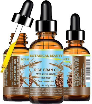 Botanical Beauty RICE BRAN OIL 100% Pure Natural Refined Undiluted Cold Pressed Carrier Oil for Face, Skin, Body, Hair, Massage, Nails. 2 Fl. oz - 60 ml