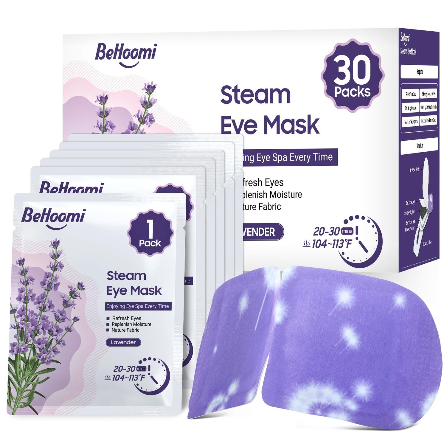 BeHoomi 30Packs Steam Eye Mask, Heated Eye Mask Warm Compress for Eyes, Self Heating Disposable Eye Masks for Home Sleep, Spa, Travel Essentials &amp; Relaxation Gifts, Stocking Stuffers (Lavender)