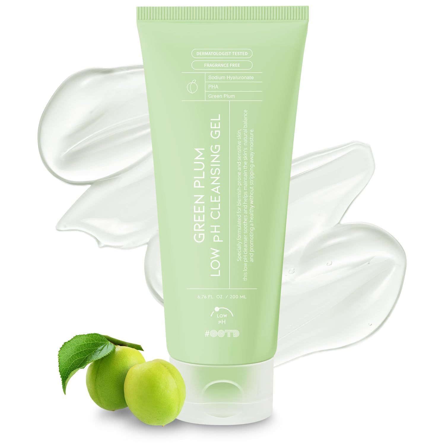 #OOTD Hydrating Facial Cleanser, Gentle Soothing Korean Cleanser Face Wash for Acne-prone Sensitive Skin. Green Plum Low pH Cleansing Gel 200ml 6.76 Fl. Oz.