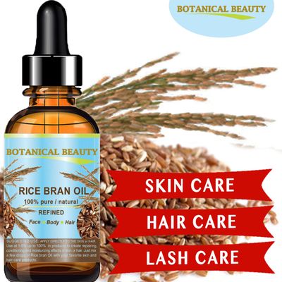 Botanical Beauty RICE BRAN OIL 100% Pure Natural Refined Undiluted Cold Pressed Carrier Oil for Face, Skin, Body, Hair, Massage, Nails. 2 Fl. oz - 60 ml