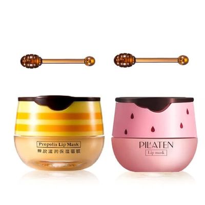 2PCS Lip Balm Honey Pot,Honey &amp; Strawberry Lip Balm, Propolis Moisturizing Honey Lip Mask Lip Balm, Hydrating &amp; Prevention Dry and Cracked Lip Scrubs Exfoliator