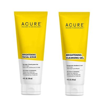 Acure Bestselling Duo Kit - Brightening Facial Scrub &amp; Cleansing Gel - All Skin Types - Cleanse With Pomegranate, Blackberry &amp; Acai - Scrub With Sea Kelp &amp; French Green Clay