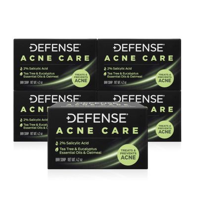 Defense Acne Care Bar Soap 4.2oz | contains 2% Salicylic Acid, Tea Tree &amp; Eucalyptus Essential Oils &amp; Oatmeal (Pack of 5)