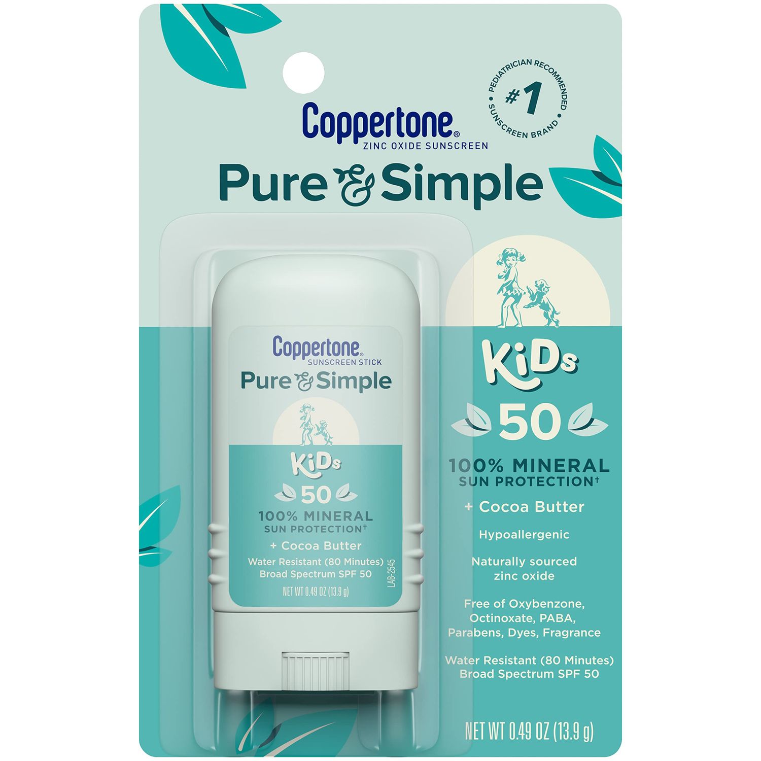 Coppertone Pure and Simple Kids SPF 50 Sunscreen Stick, Zinc Oxide Mineral Sunscreen, Kids Sunscreen, Face Sunscreen, 0.49 Oz