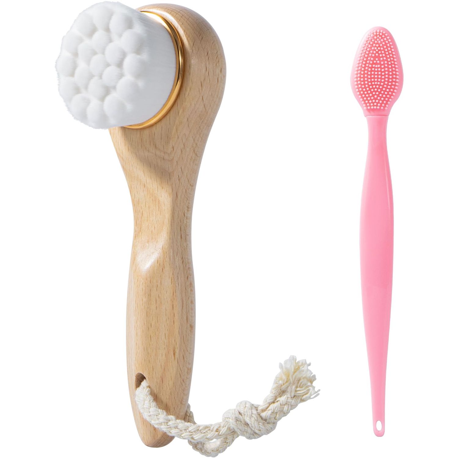 Beomeen Face Scrubber with Wooden Handle, Manual Facial Cleansing Brushes for Deep Pore Cleansing, Ultra Soft Bristles Exfoliating Face Wash Brush and Silicone Lip Scrubber for Face Care, White
