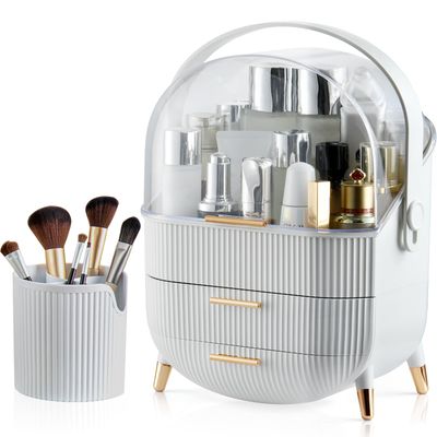 CANITORON Makeup Organizer,Skincare Organizer with 2 Drawers and Brush Storage Box,Cosmetic Display Case for Vanity Organizer and Bathroom Countertop Storage.(White)