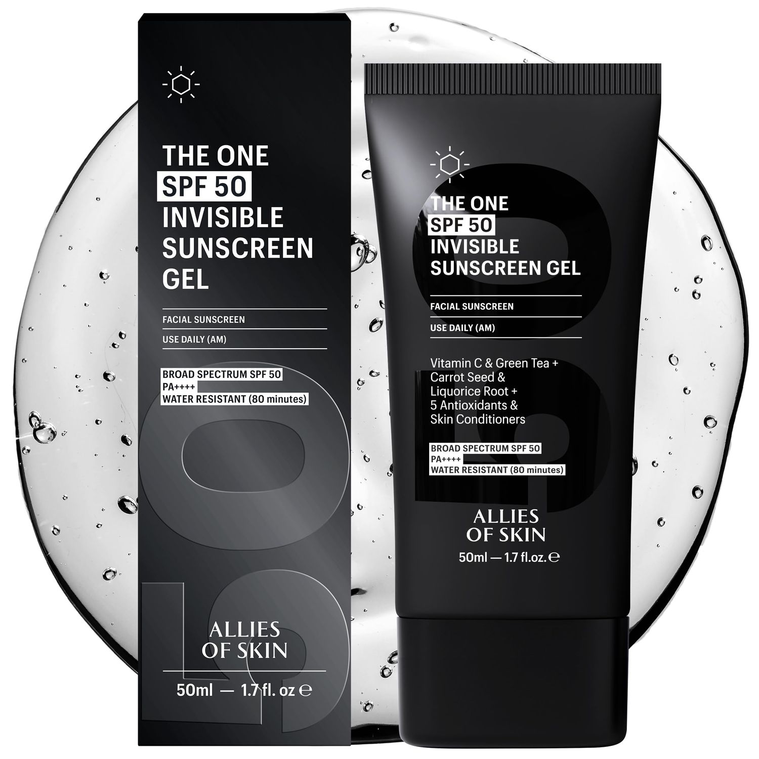 Allies of Skin - The One SPF 50 Invisible Sunscreen Gel with Vitamin C, Green Tea, Carrot Seed, Red Raspberry Seed Oil &amp; Licorice Root, and 5 Antioxidants &amp; Skin Conditioners. 50 ml/ 1.7 oz