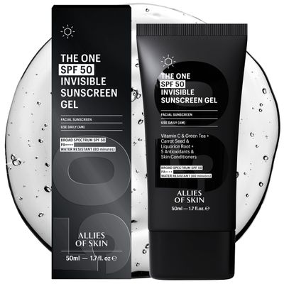 Allies of Skin - The One SPF 50 Invisible Sunscreen Gel with Vitamin C, Green Tea, Carrot Seed, Red Raspberry Seed Oil &amp; Licorice Root, and 5 Antioxidants &amp; Skin Conditioners. 50 ml/ 1.7 oz