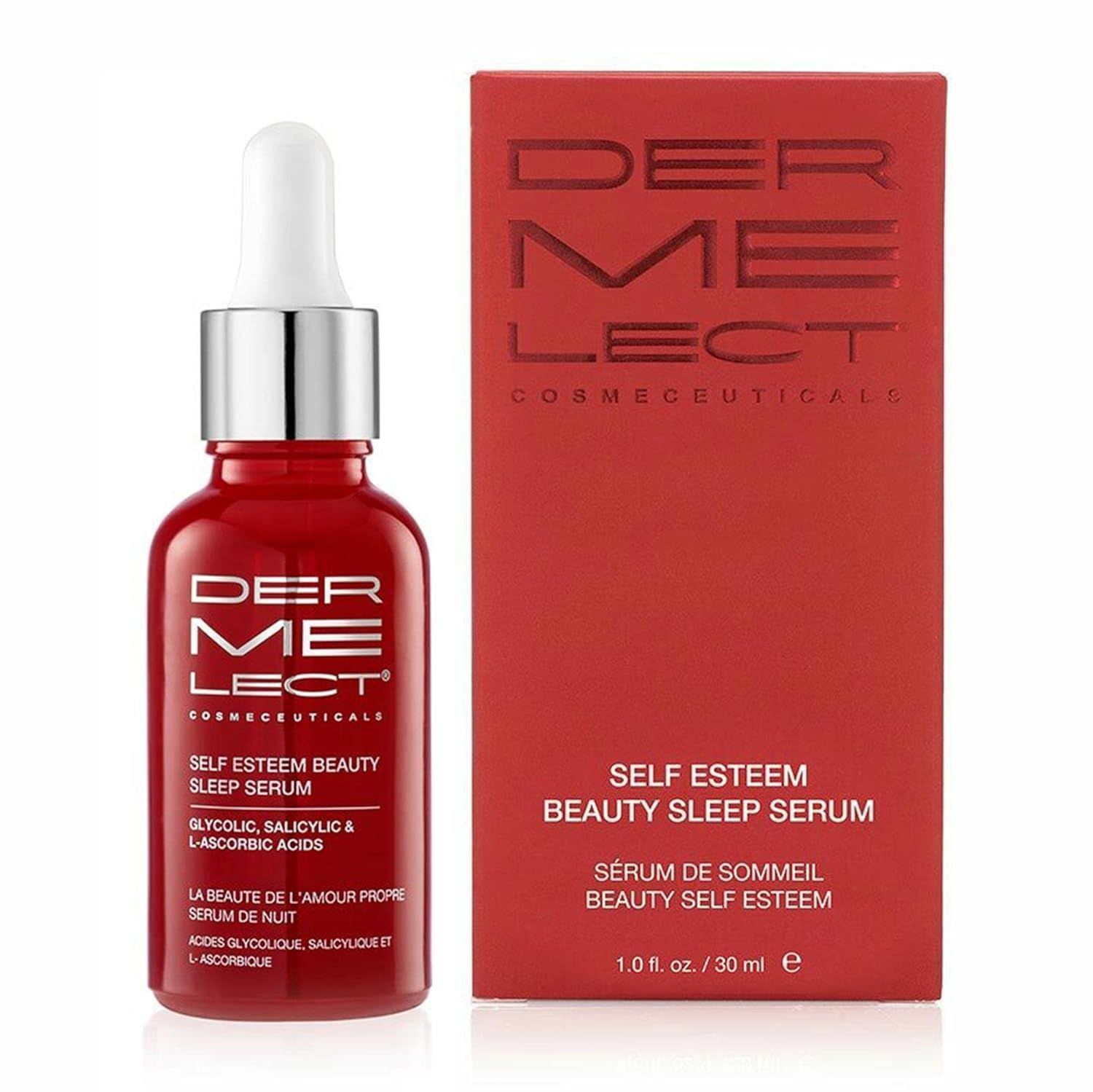 Dermelect Cosmeceuticals Self-Esteem Beauty Sleep Serum for Face - Glycolic Acid, Salicylic Acid, L-Ascorbic Acid, Resurfacing Serum for Acne Spots, Pores, Wrinkles, 1 oz