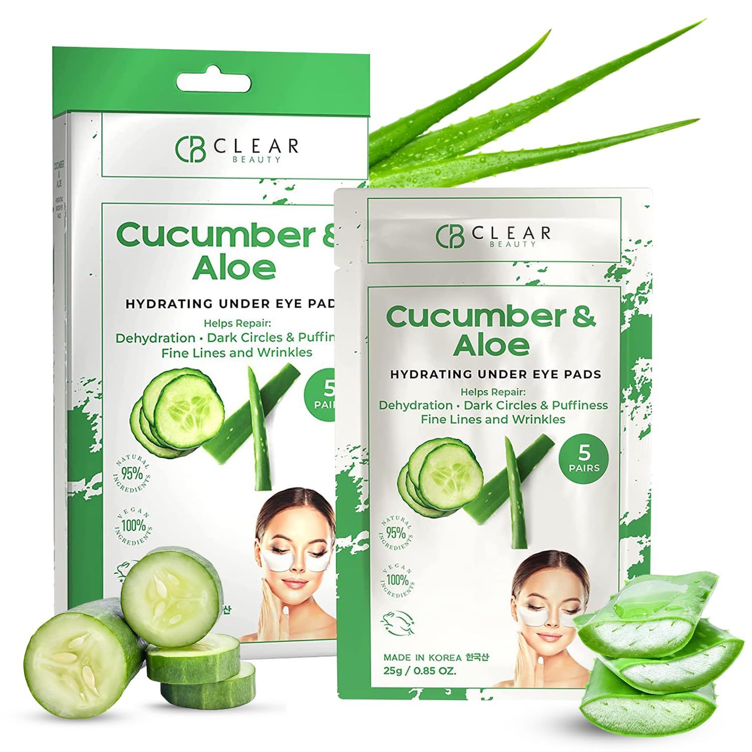 Clear Beauty Cucumber &amp; Aloe Under Eye Patches - Dermatologist Tested, Reduces Dark Circles, Anti-Aging - Clean Beauty, Natural Ingredients, Cruelty-Free Korean Skincare - All Skin Types - 5 Pairs