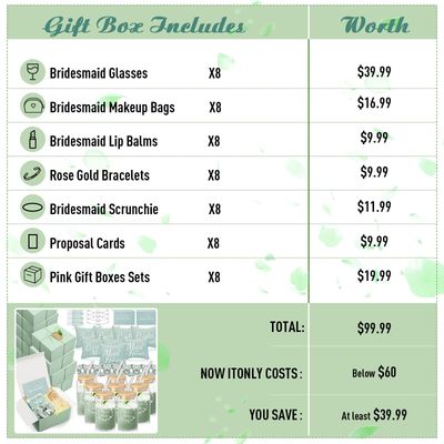 FillTouch 64 Pcs Bridesmaid Proposal Gifts Set Include Wedding Gift Box Glass Cup Makeup Bags Invited Cards Lip Balm Scrunchies Hair Knotted Bracelets for Maid of Honor Gifts(Green)